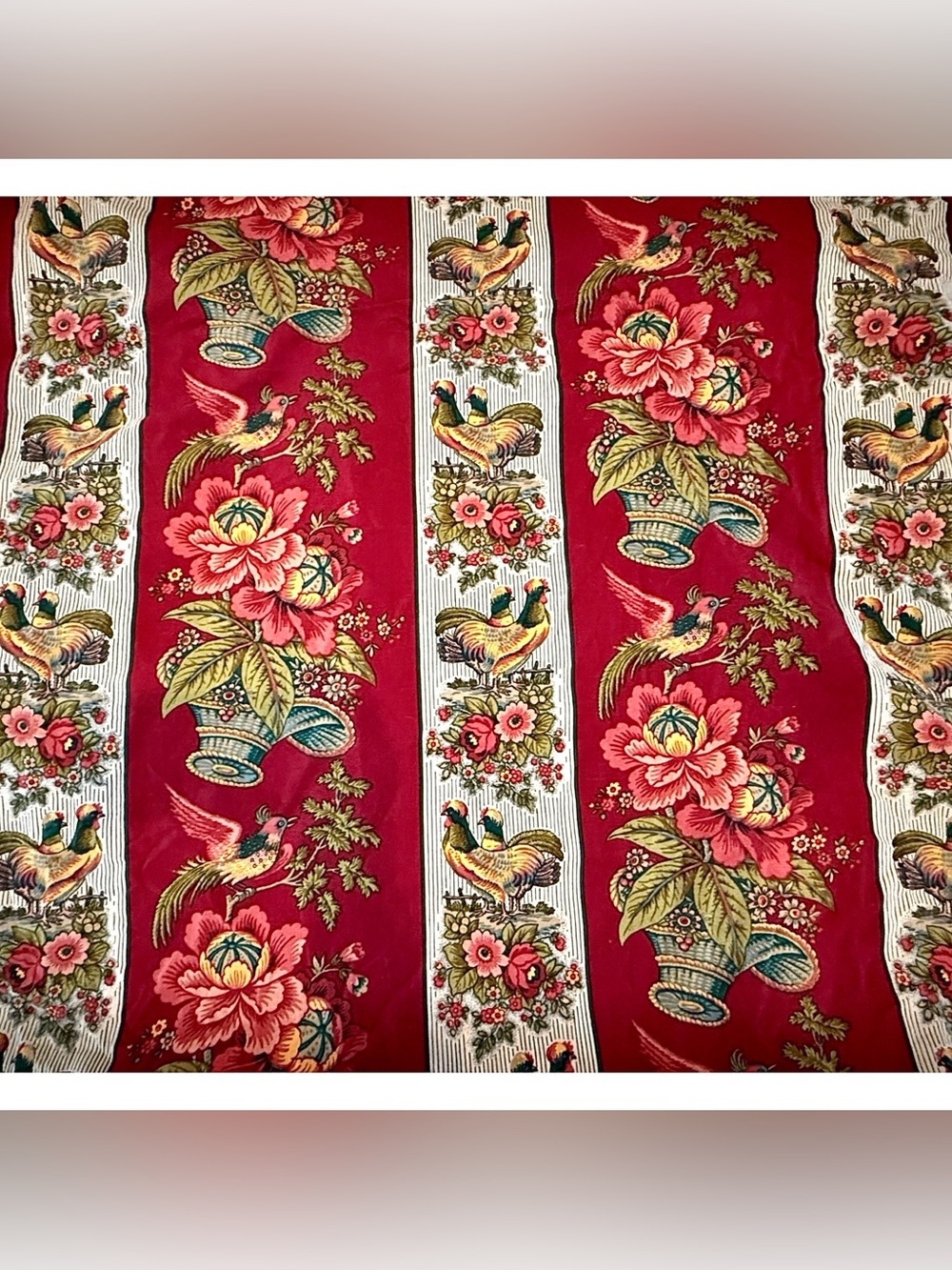 Waverly “Rochelle” Fabric Red Floral Bird Rooster CottageCore Continuous 14 yard